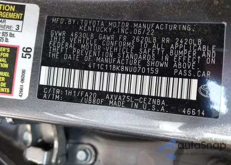 2022 Toyota Camry Le Awd из США, поврежденный, VIN 4T1C11BK8NU070159